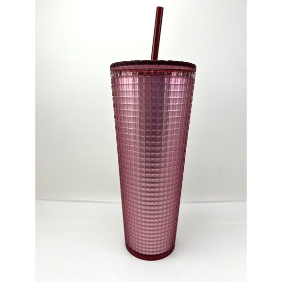 Starbucks Venti Dusty Rose Pink Shimmer Grid Tumbler 24oz Cold Cup 2022 Berry - Picture 3 of 10